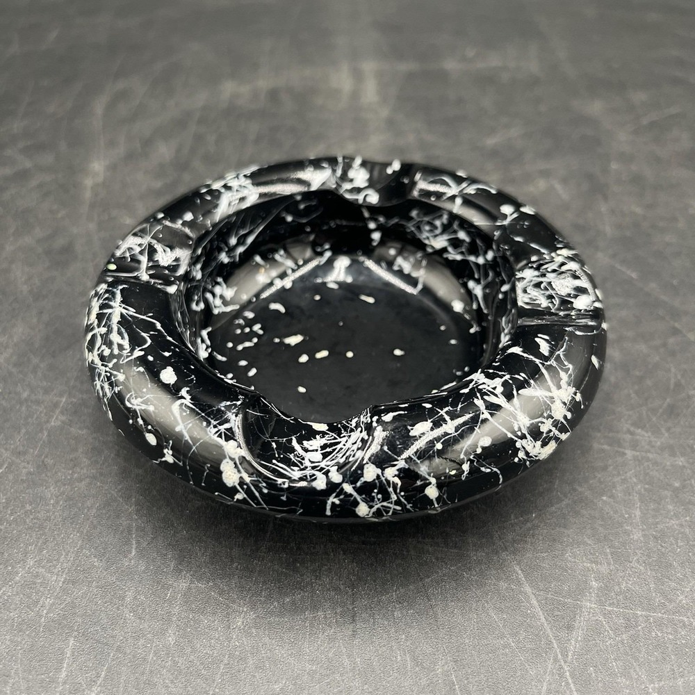 VTG 4" MCM Hazel Atlas Black Glass White Drizzle Splatter Ashtray Tobacciana